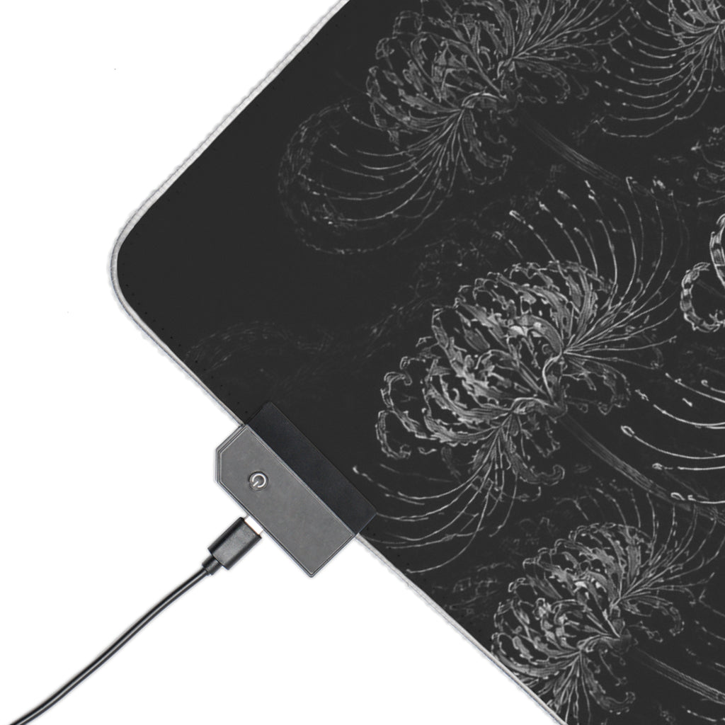 Black and white LED spider lily Mousepad, Black Background