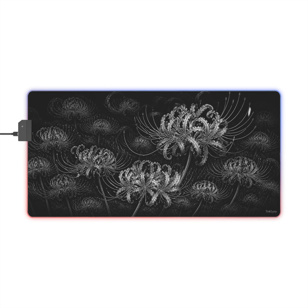 Black and white LED spider lily Mousepad, Black Background
