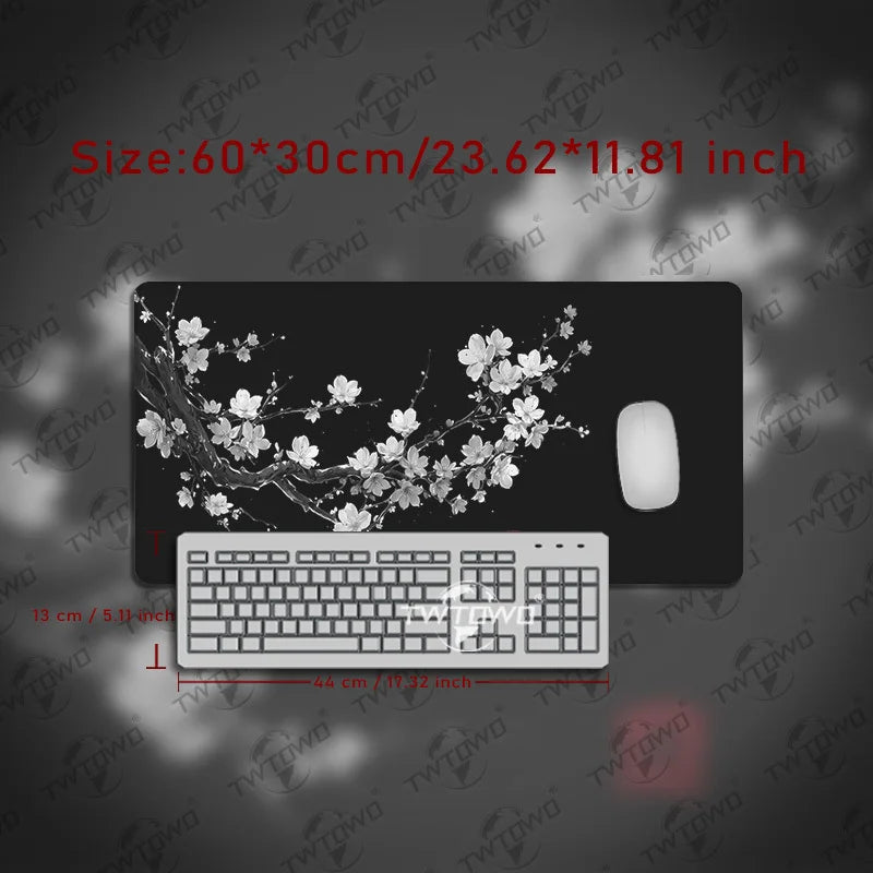 Black & White Japanese Cherry Blossom Desk Mat