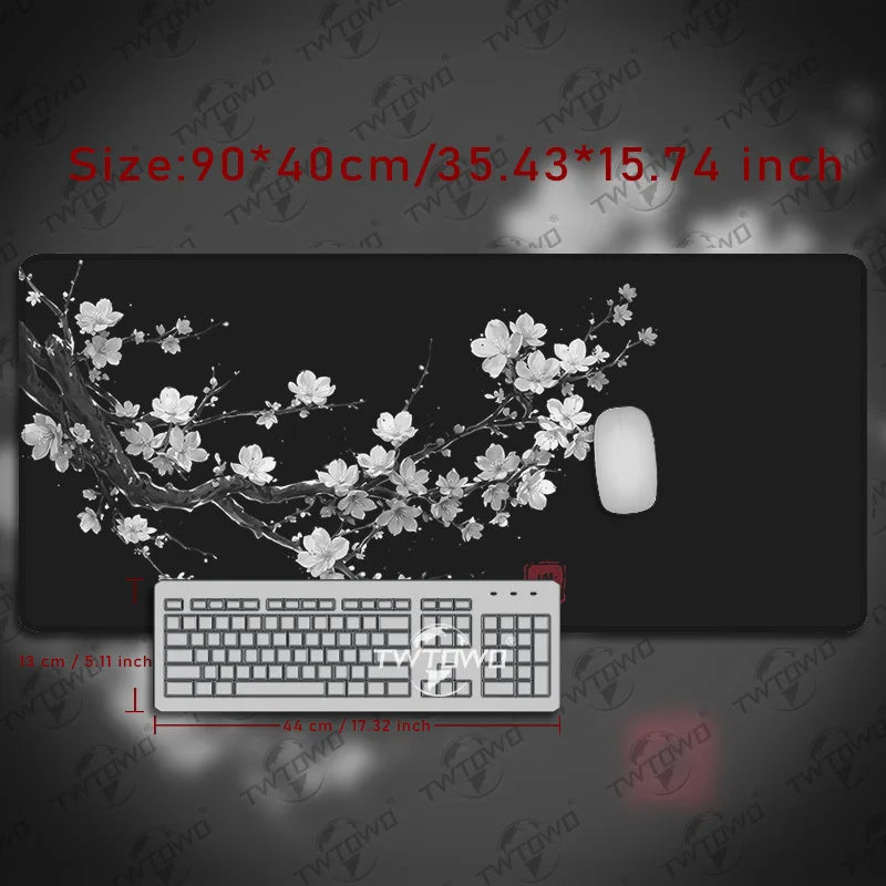 Black & White Japanese Cherry Blossom Desk Mat