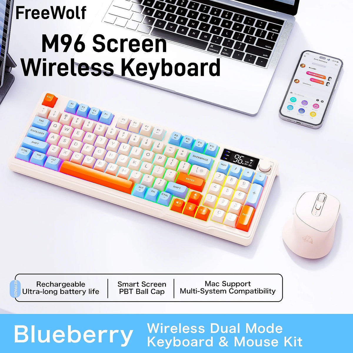 FREEWOLF M96 Wireless Keyboard & Mouse Kit with Smart Display