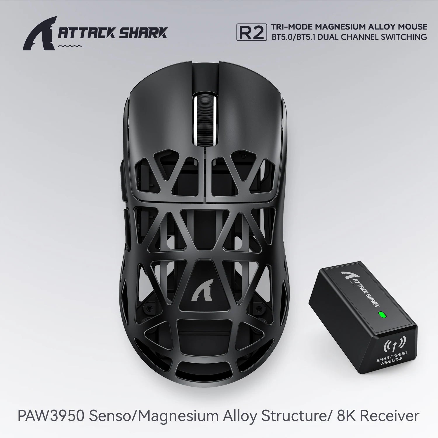 ATTACK SHARK R2 Wireless Gaming Mouse PAW3950 42000 DPI 8K Polling 48g Magnesium Alloy Tri-Mode Bluetooth E-sports Mouse