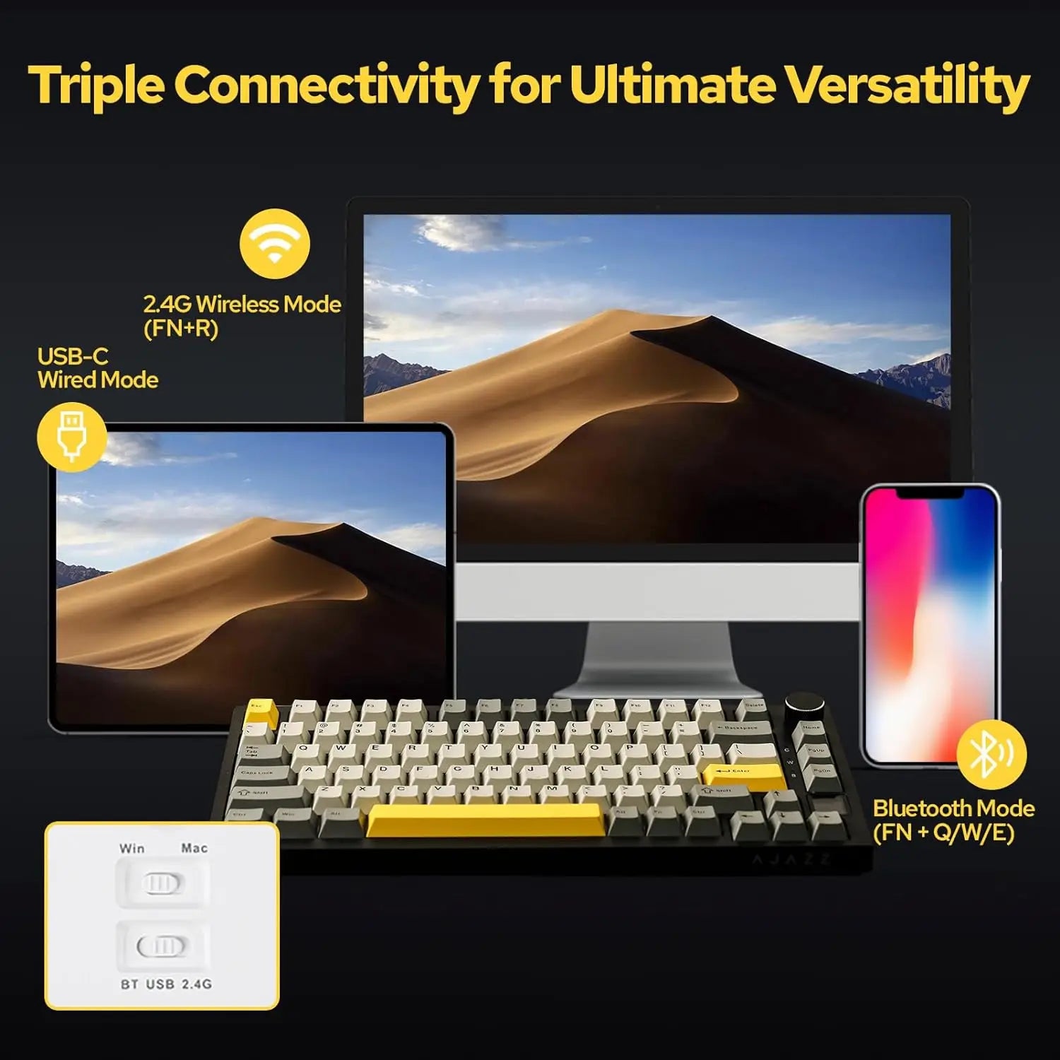 AJAZZ AK820/Pro Wireless Mechanical Keyboard Bluetooth 5.1 2.4G USB-C Wired Hot Swappable RGB Gaming Keyboard Gasket Mount with