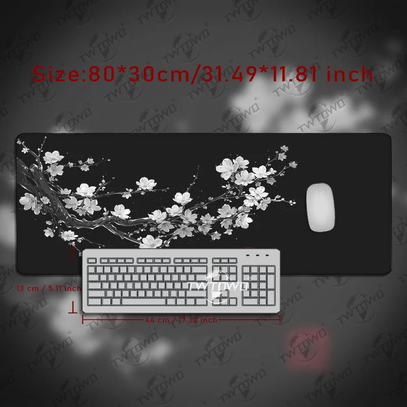 Black & White Japanese Cherry Blossom Desk Mat