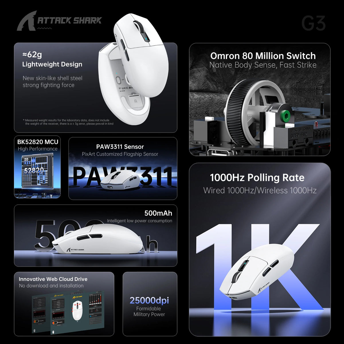 ATTACK SHARK G3 25K DPI Wireless Gaming Mouse