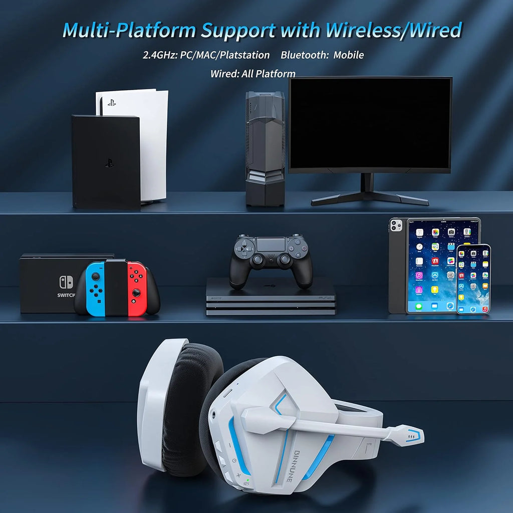 BINNUNE BW01 Wireless Gaming Headset with 2.4GHz for PS5,PS4,PC 120Hrs Bluetooth 5.3 Gaming Headphones with Noise Canceling Mic
