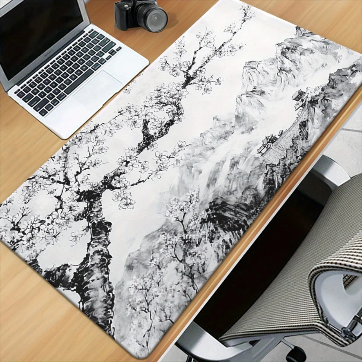 Black & White Cherry Blossom Mountain Desk Mat