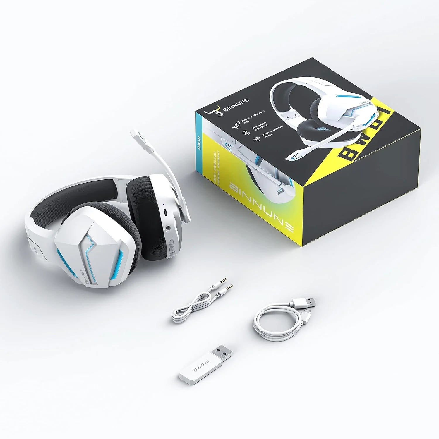 BINNUNE BW01 Wireless Gaming Headset with 2.4GHz for PS5,PS4,PC 120Hrs Bluetooth 5.3 Gaming Headphones with Noise Canceling Mic