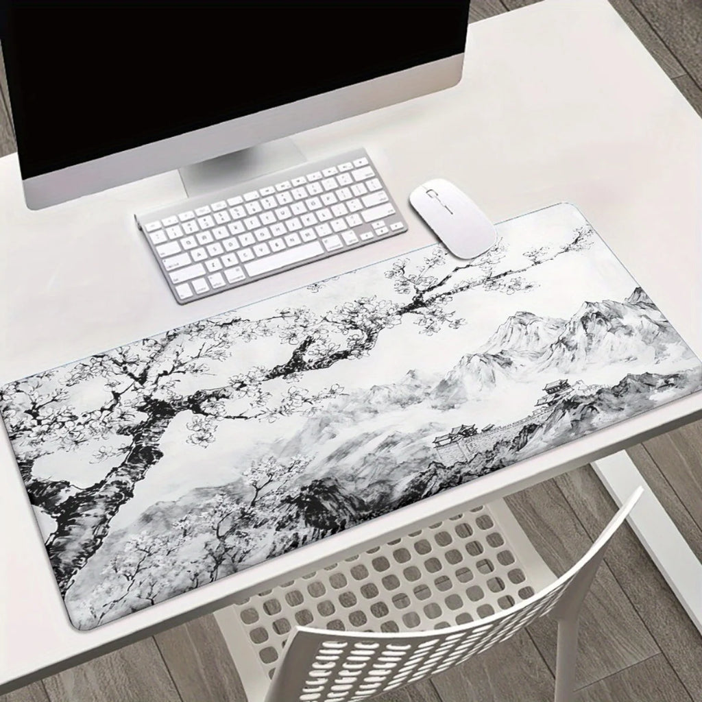 Black & White Cherry Blossom Mountain Desk Mat