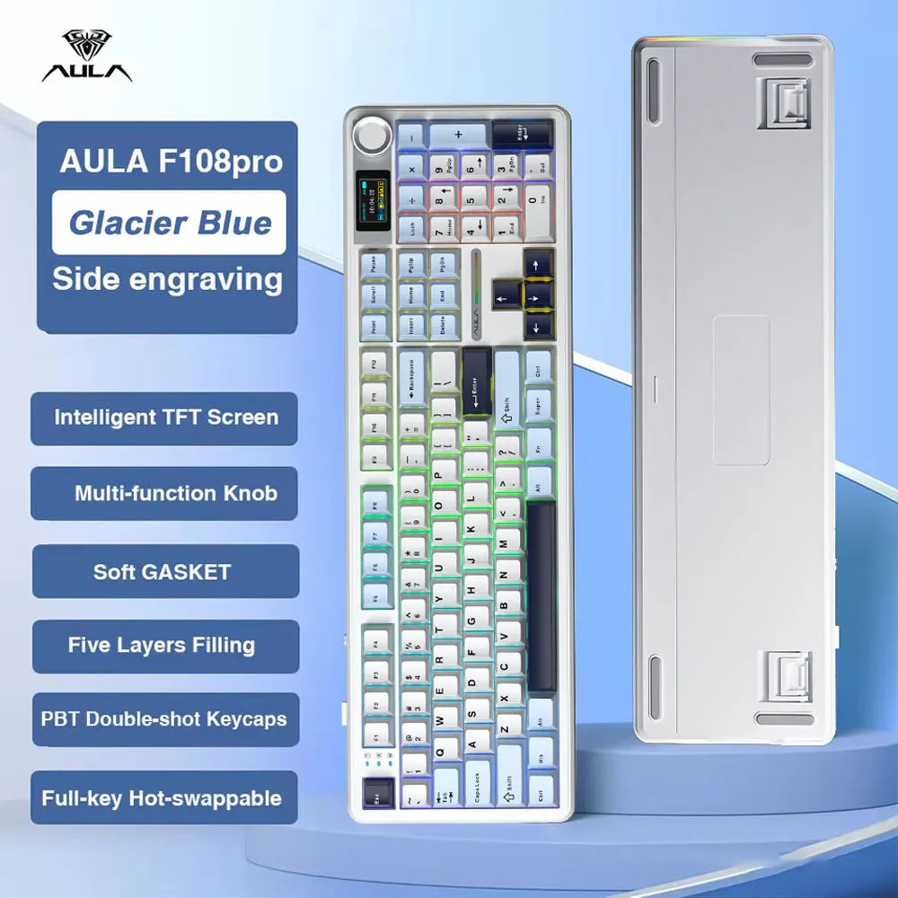 AULA F108 Pro Gaming Mechanical Keyboard Tri Mode Custom Multi-Knob Screen RGB Esports Wireless Keyboard with TFT Smart Display
