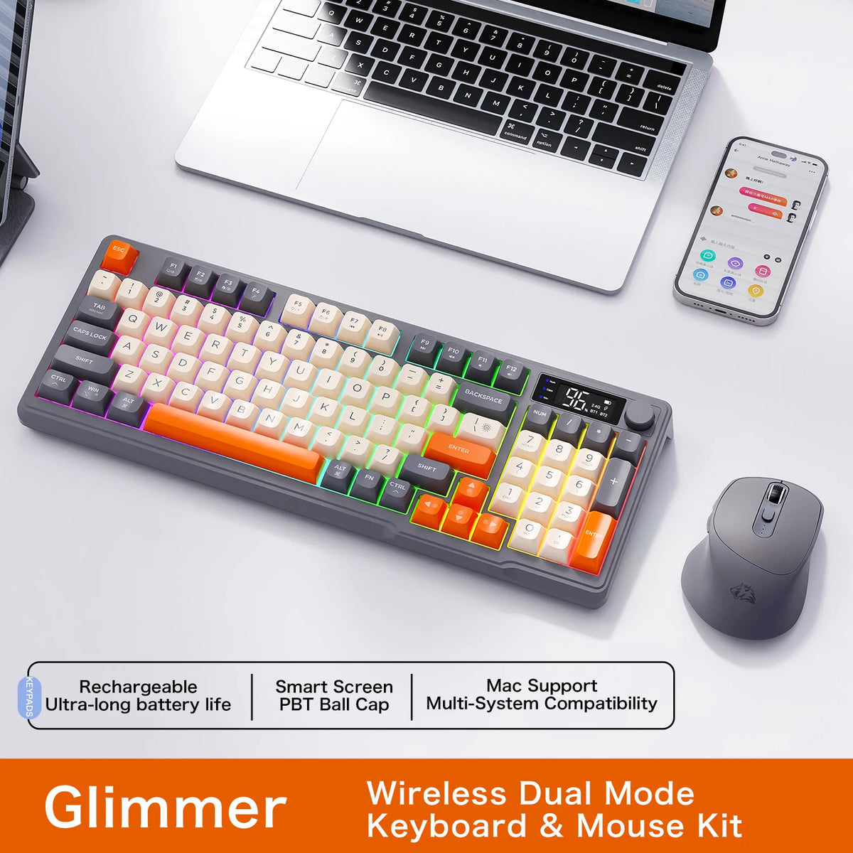 FREEWOLF M96 Wireless Keyboard & Mouse Kit with Smart Display
