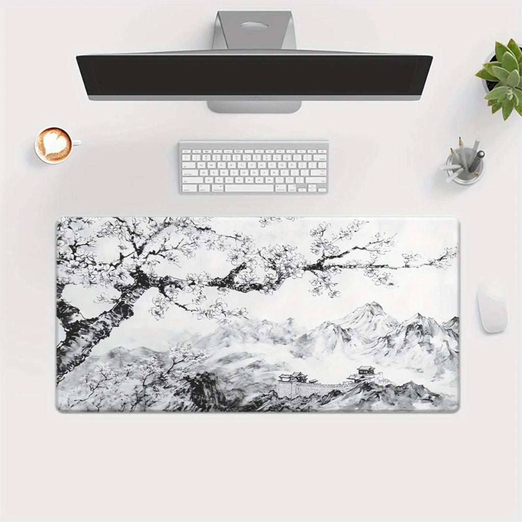 Black & White Cherry Blossom Mountain Desk Mat
