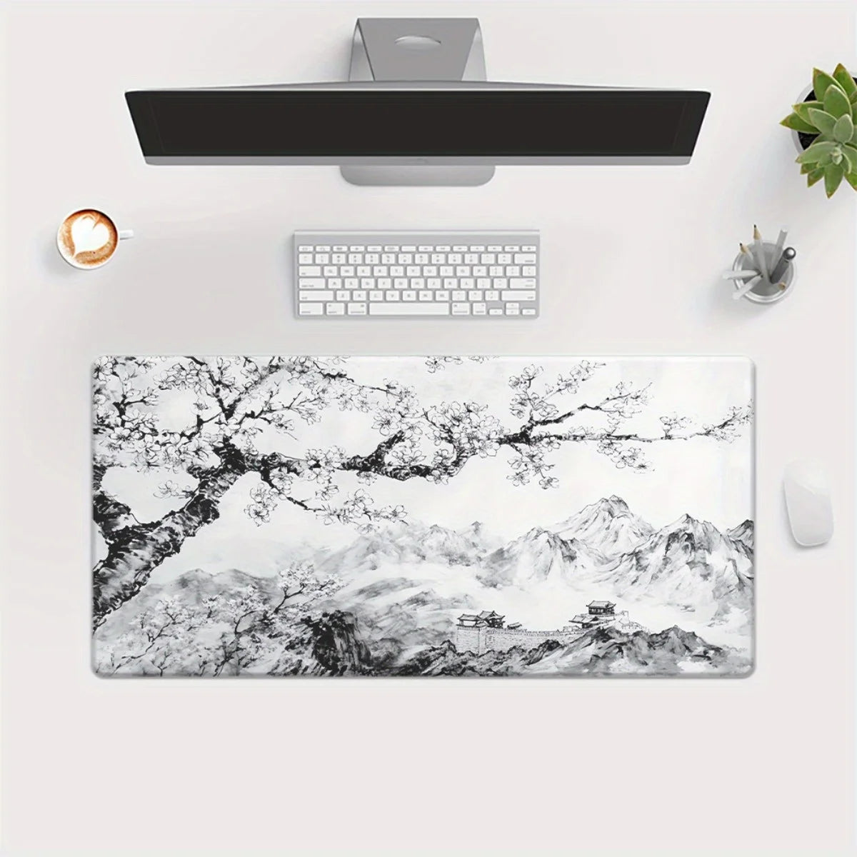 Black & White Cherry Blossom Mountain Desk Mat