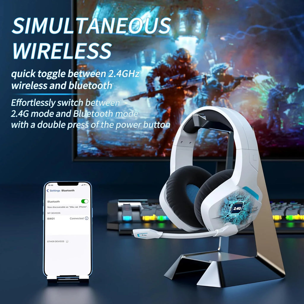 BINNUNE BW01 Wireless Gaming Headset with 2.4GHz for PS5,PS4,PC 120Hrs Bluetooth 5.3 Gaming Headphones with Noise Canceling Mic