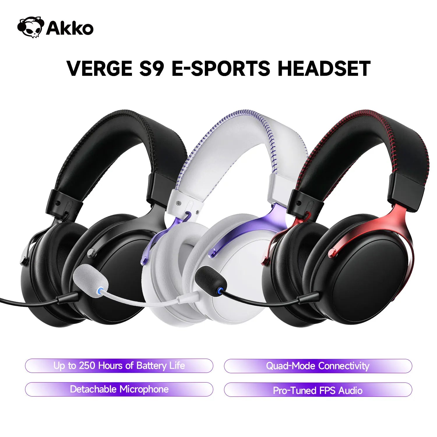AKKO Verge S9 E-Sports Headset with Mic Quad-Mode Gaming Headphone 7.1 Channel Surround Sound Pro-Tuned FPS Audio 53mm Driver