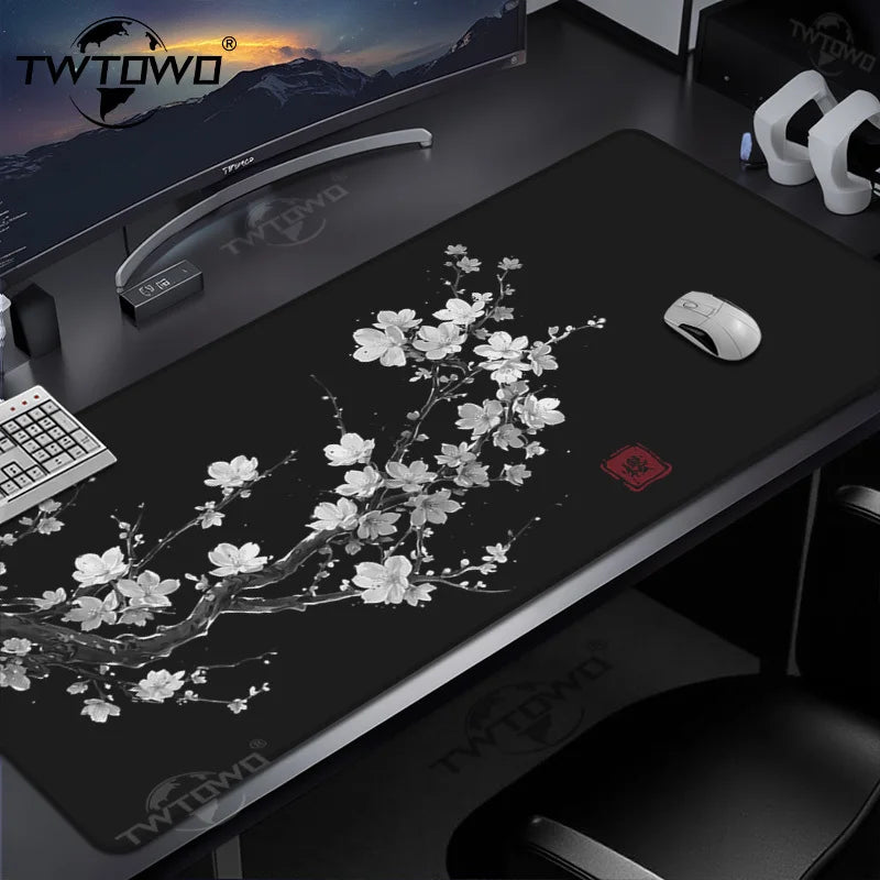 Black & White Japanese Cherry Blossom Desk Mat