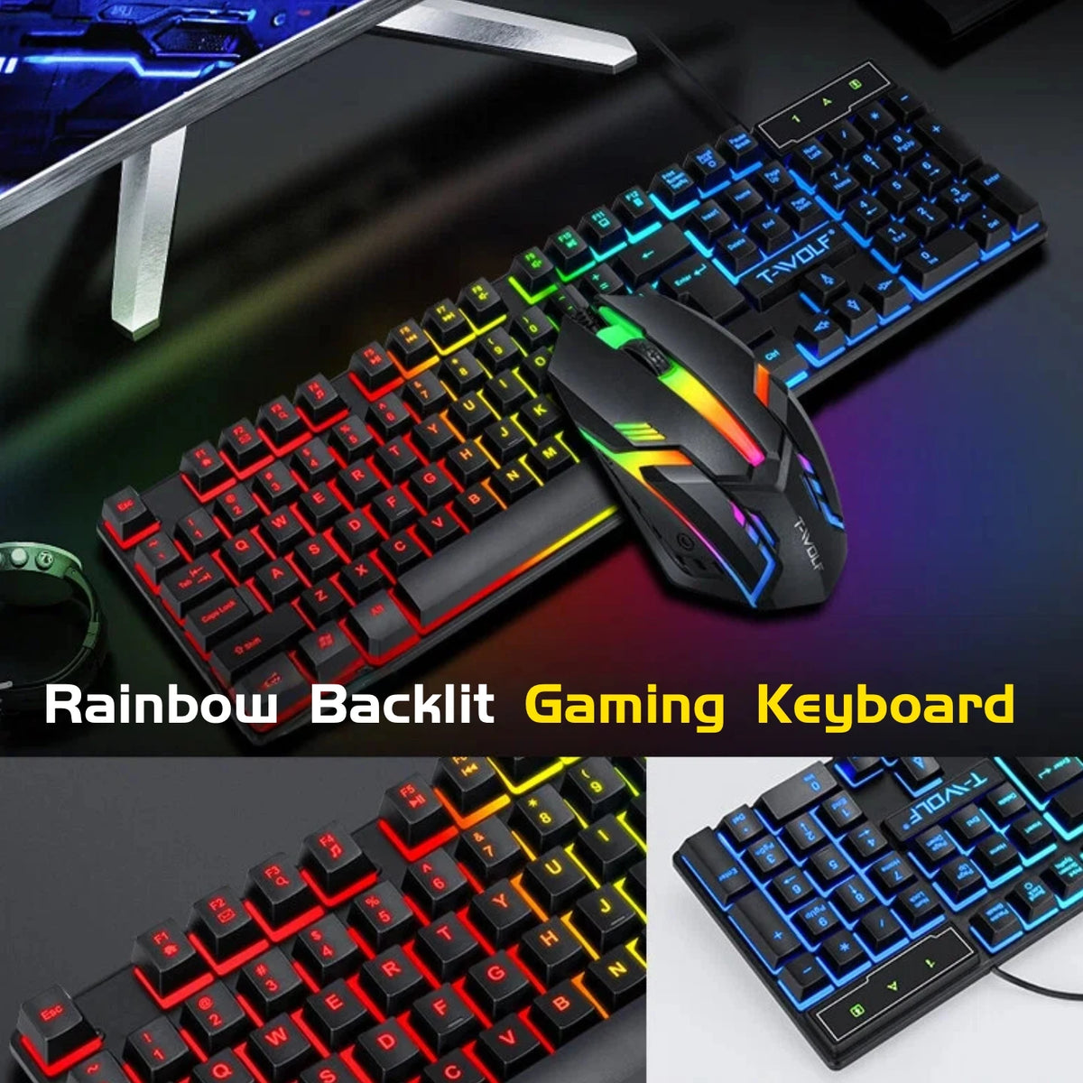 T-WOLF 4-in-1 RGB Gaming Keyboard, Mouse, Headset & Pad Set