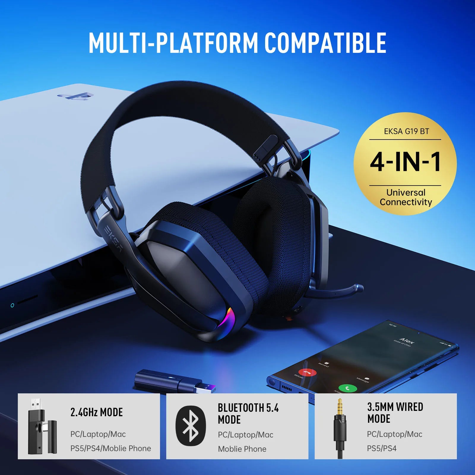 EKSA G19BT 2.4GHz Wireless Gaming Headphones Ultra-light Bluetooth 5.4 Headset Gamer with Microphone for PC/PS5/Xbox