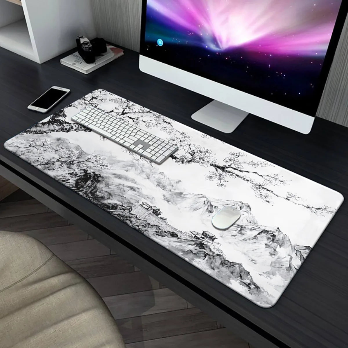 Black & White Cherry Blossom Mountain Desk Mat