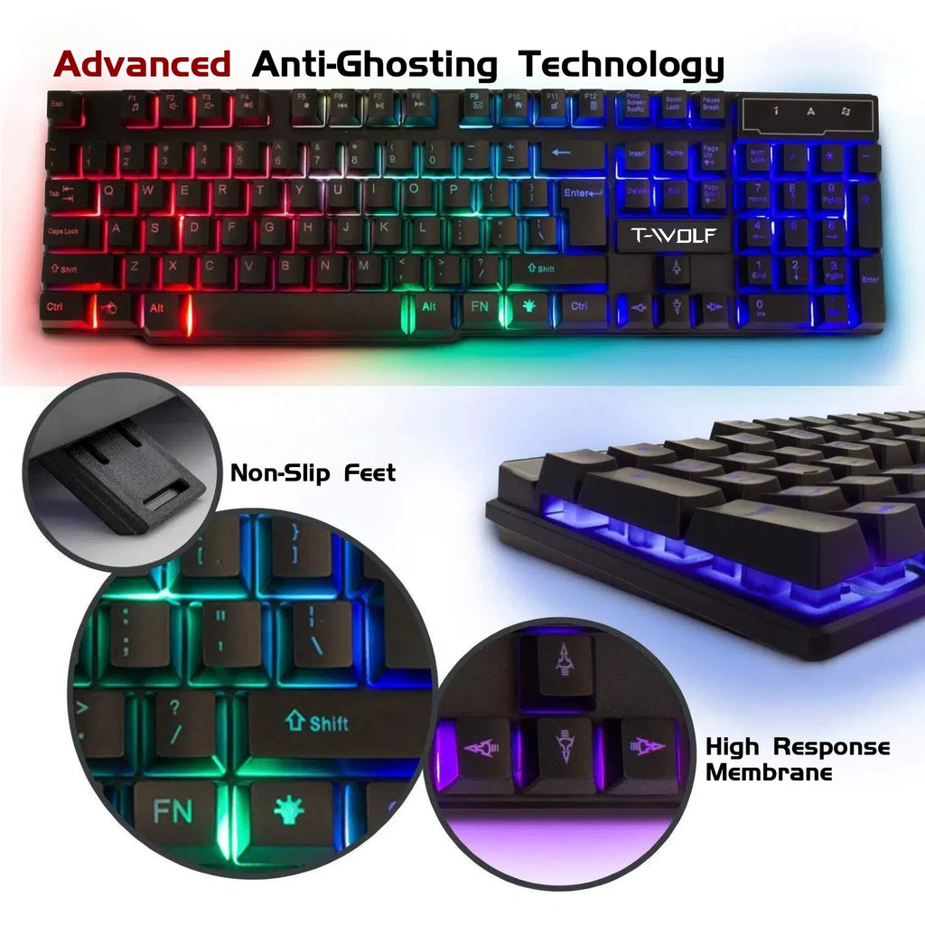 T-WOLF 4-in-1 RGB Gaming Keyboard, Mouse, Headset & Pad Set