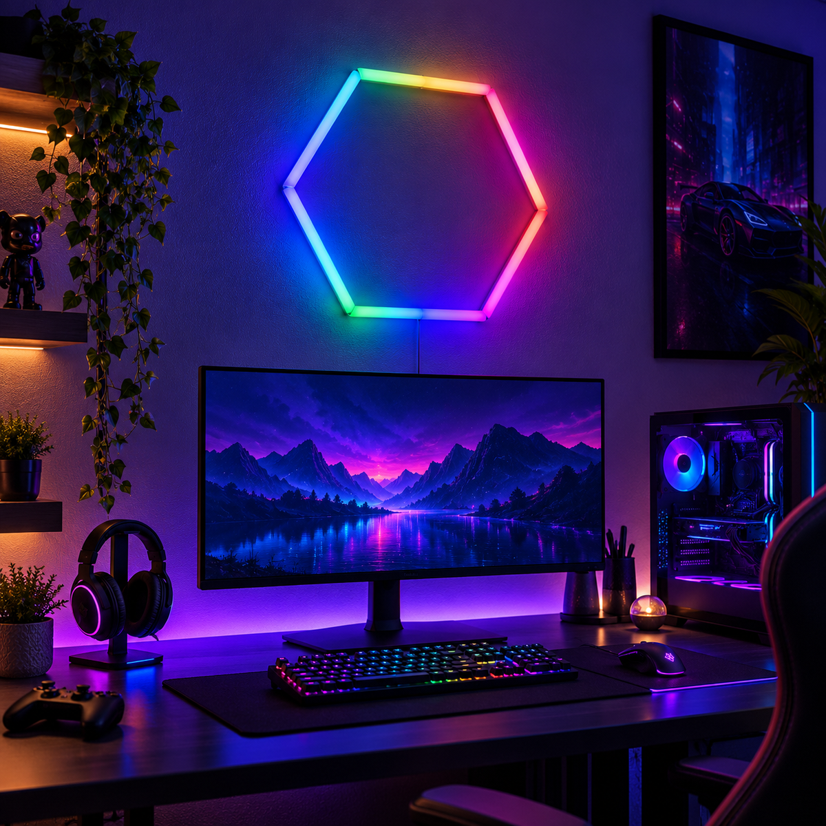 TekLyra HexaGlow RGB 1 Hex light in realistic gaming setup