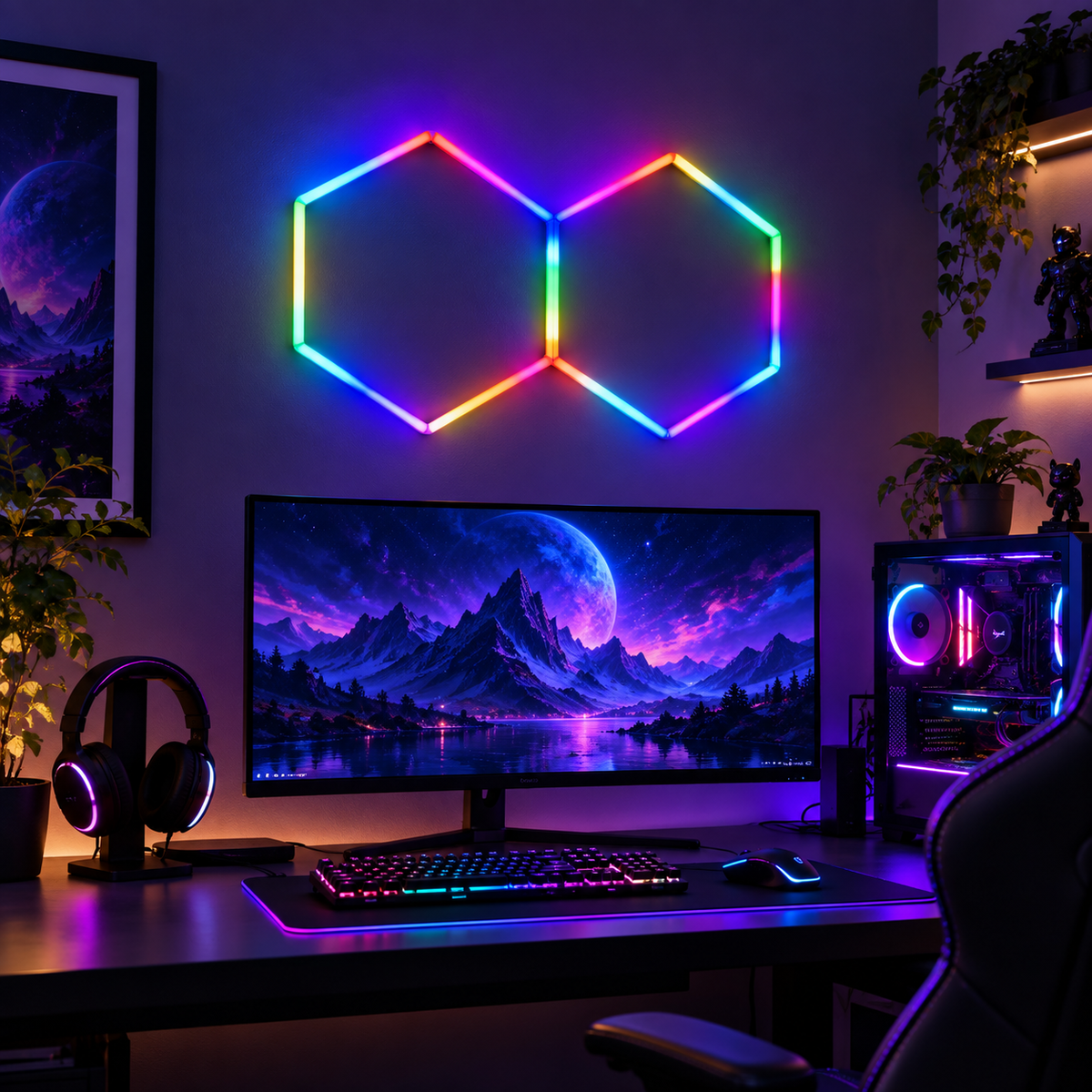 TekLyra HexaGlow RGB 2 Hex lights in realistic gaming setup