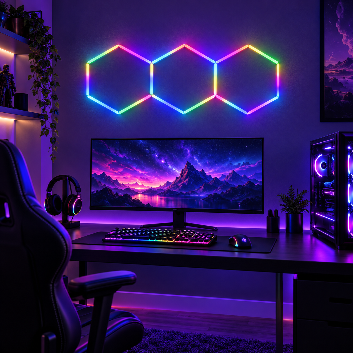 TekLyra HexaGlow RGB 3 Hex straight layout in realistic gaming setup