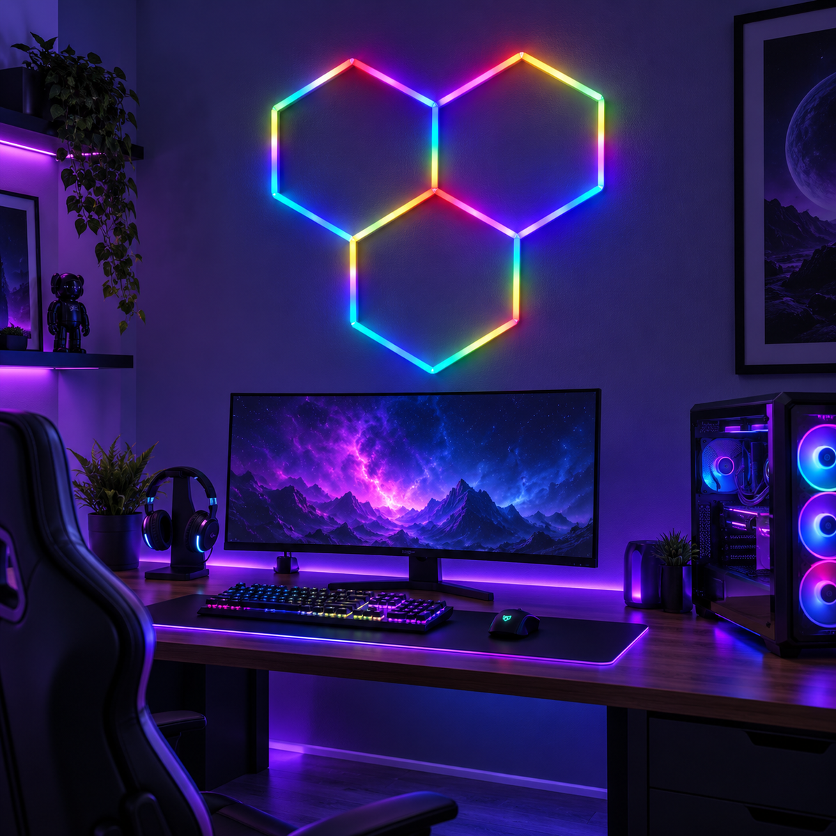 TekLyra HexaGlow RGB 3 Hex triangle layout in realistic gaming setup