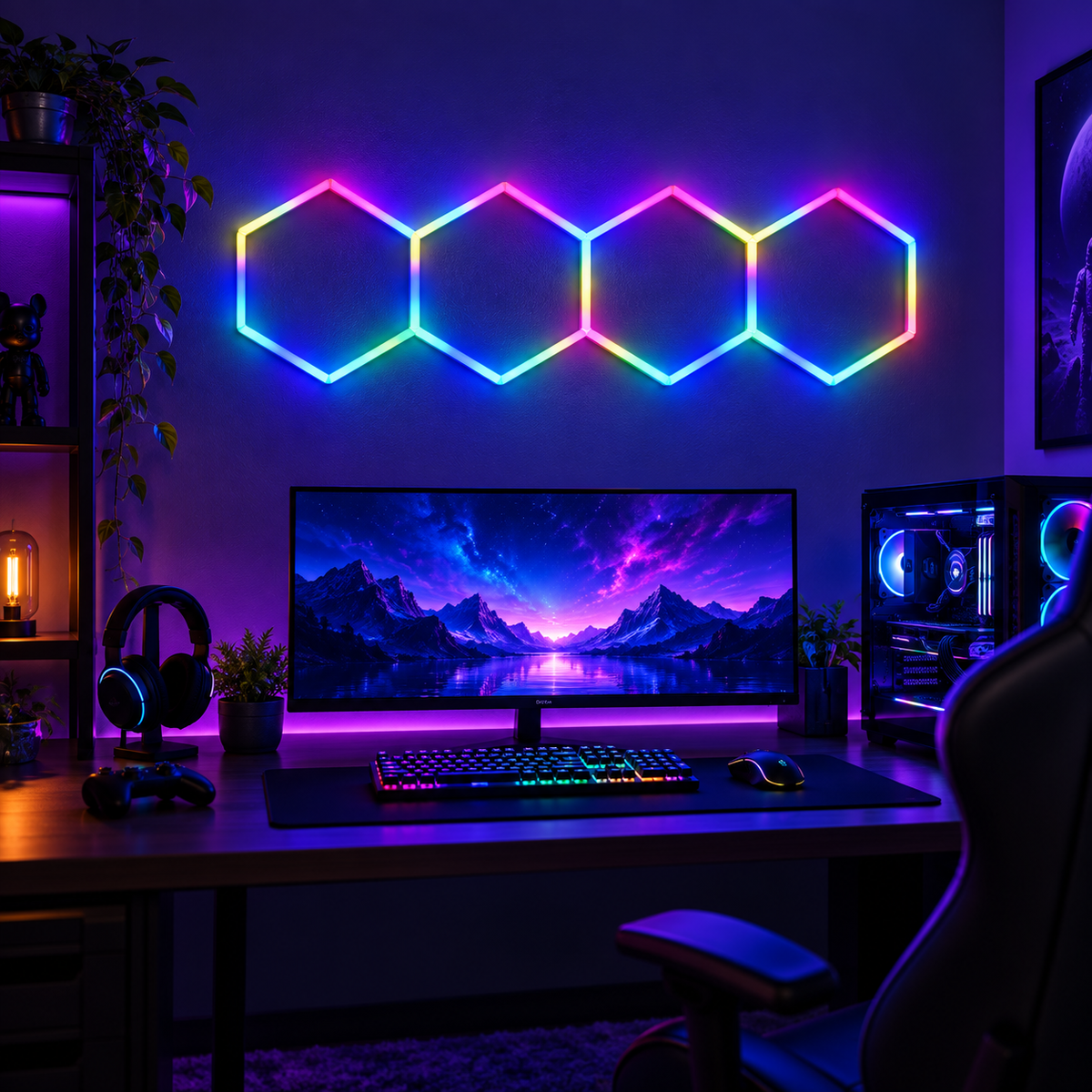TekLyra HexaGlow RGB 4 Hex straight layout in realistic gaming setup