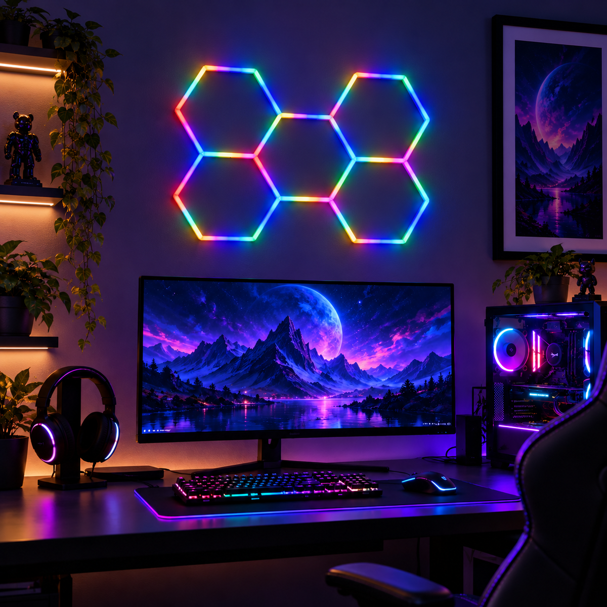 TekLyra HexaGlow RGB 5 Hex pack layout in realistic gaming setup