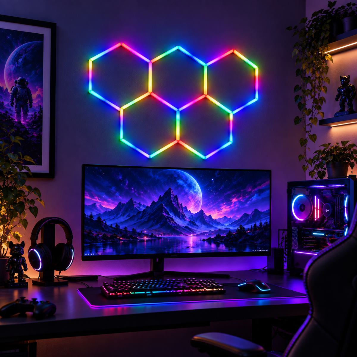 TekLyra HexaGlow RGB 5 Hex standard layout in realistic gaming setup