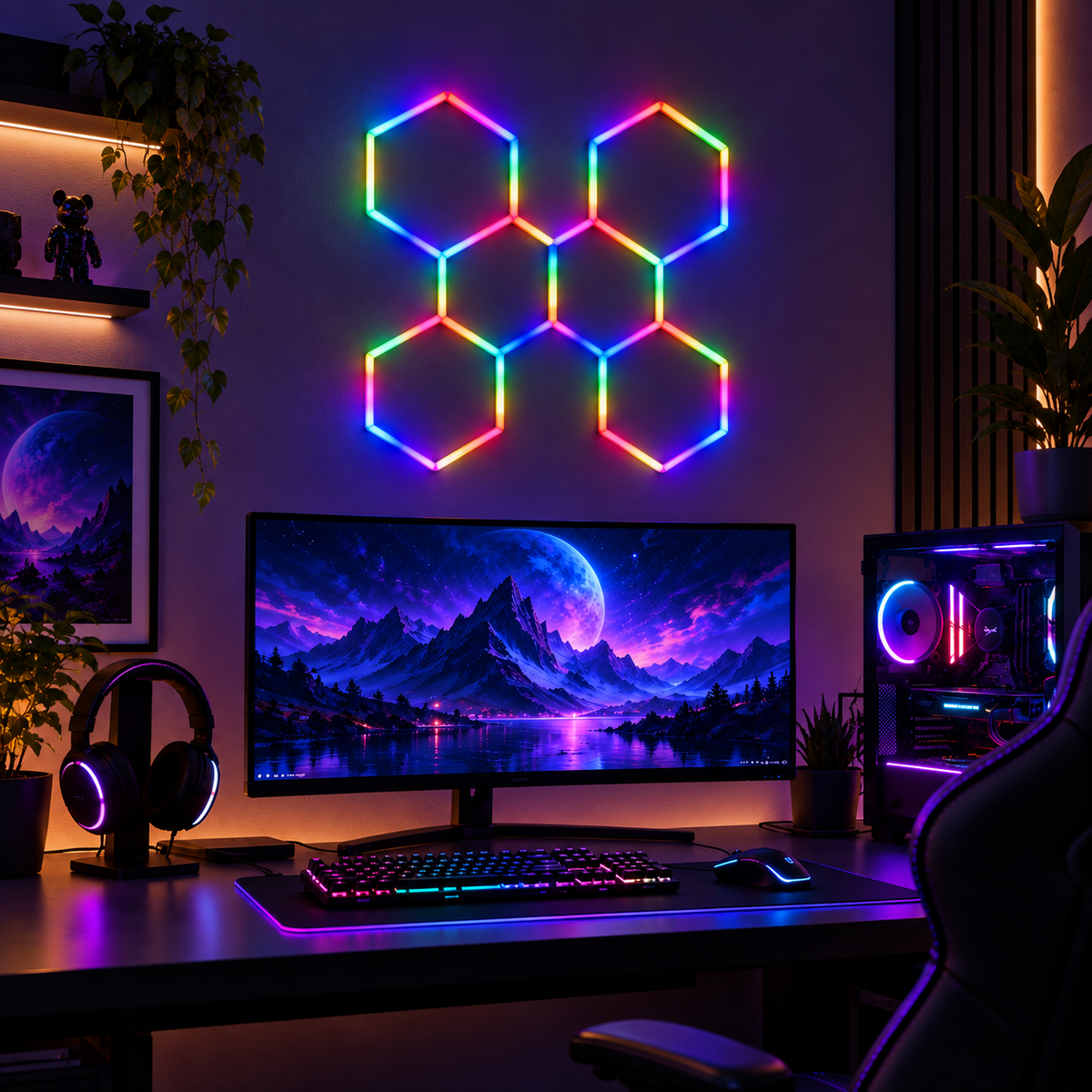 TekLyra HexaGlow RGB 6 Hex layout in realistic gaming setup