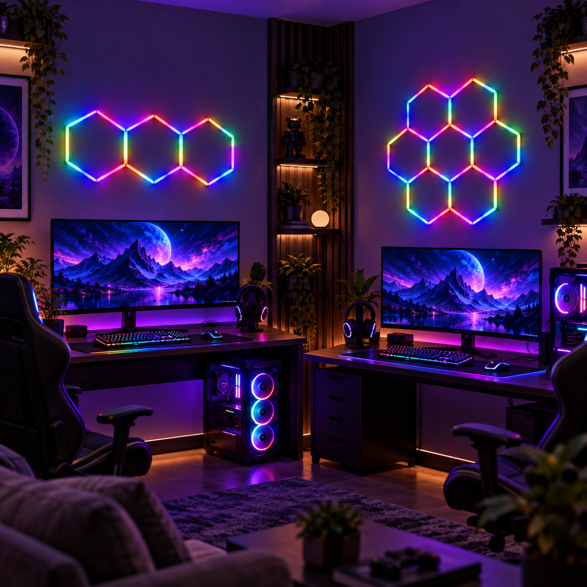 TekLyra HexaGlow RGB 7 Hex standard and circle layouts in realistic dual gaming setup